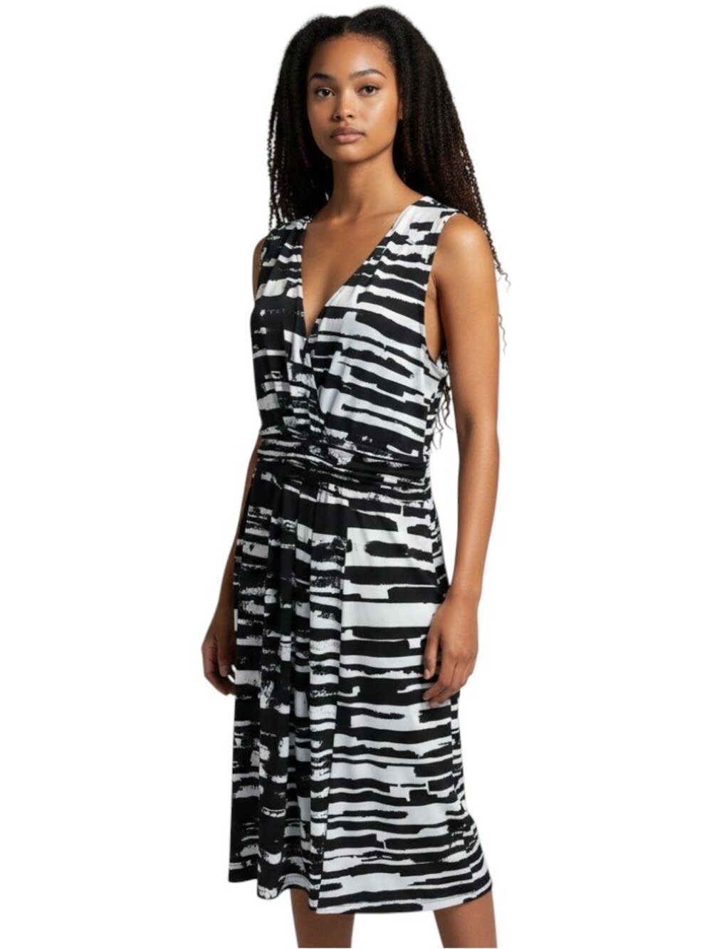 BCBG MaxAzria Beckie Faux Wrap Surplice Abstract Print Dress Black White Size L